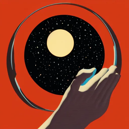 Prompt: closeup of a face with a glowing planet Saturn and earth spinning, the rings are glowing around the planet, the woman's hand reaching for the pendant, flat design, screen print by kawase Hasui and Dan hillier, 8k, artstation