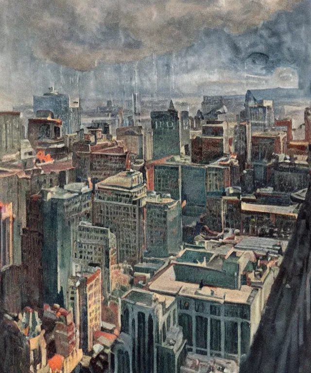 Image similar to horrifying full color photorealistic painting of the view from a 1 9 2 5 hotel terrace balcony overlooking a warped view of downtown boston in 1 9 2 5 with a cosmic sky, dark, atmospheric, brooding, smooth, finely detailed, cinematic, epic, in the style of paul carrick