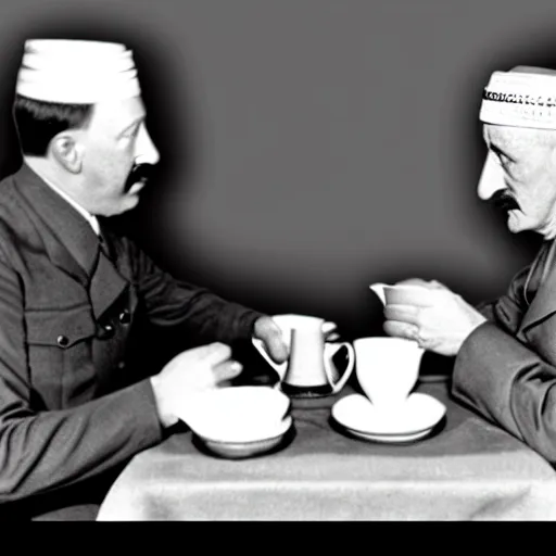 Prompt: a photo of hitler take tea with a muslim, photorealistic, realism, black and white