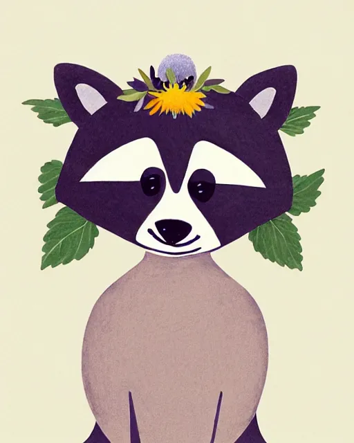 Image similar to a minimalist storybook illustration of a smiling happy cute raccoon wearing a flower crown, by antoine de saint - exupery and annabel kidston and naomi okubo and jean - baptiste monge. a child storybook illustration, muted colors, soft colors, low saturation, fine lines, white paper