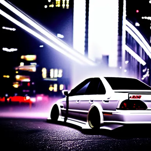 Image similar to a car JZX100 twin turbo drift at illegal car meet, Shibuya prefecture city midnight mist lights cinematic lighting photorealistic highly detailed wheels, high detail