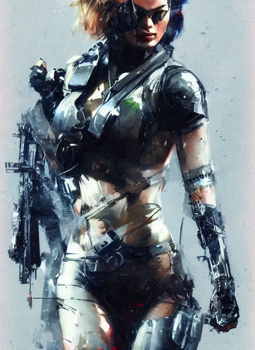 Prompt: Margot Robbie wearing metal gear armor holding revolver dramatic lighting art by Yoji Shinkawa by Richard Schmid by greg rutkowski by Sandra Chevrier by Jeremy Lipking cinematic dramatic