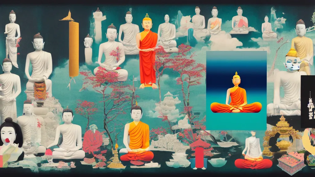 Prompt: an arrangement of buddhism traveller props, japan, a collage painting, in the style of wes anderson, lola dupre, david hockney, isolated on negative white space background dark monochrome neon spraypaint accents volumetric octane render