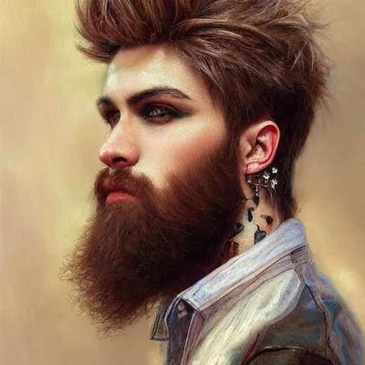 Prompt: photorealistic painting of a male face with piercings, realistic eyes, symmetric face, beautiful bone structure, beard, dark blonde long hair, painting by gaston bussiere