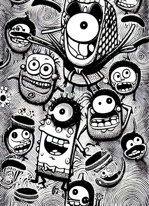 Prompt: junji ito style spongebob squarepants, intricate, highly detailed, illustration, art by junji ito, junji ito