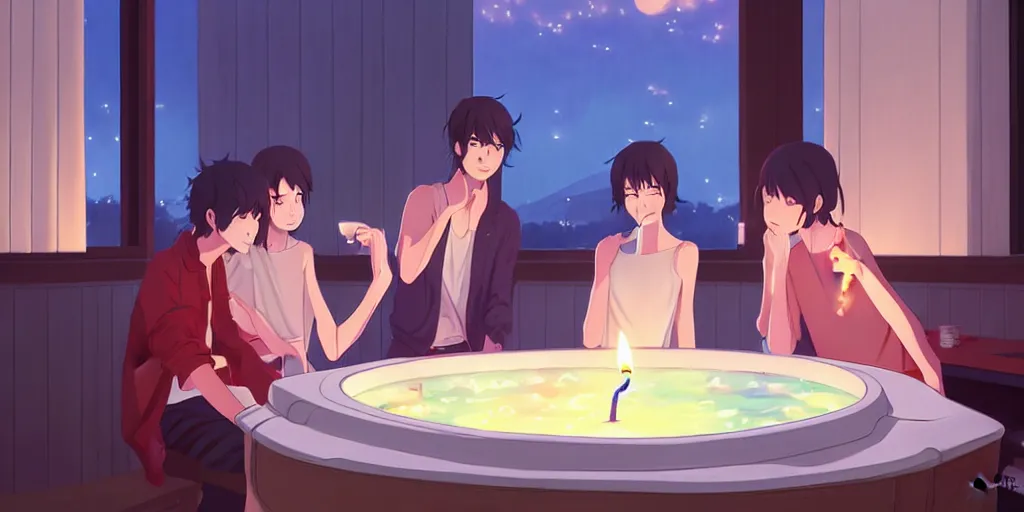 Image similar to a party at midnight, modern indoors, bay area, candles, hot tub, friendship, hope, art by makoto shinkai