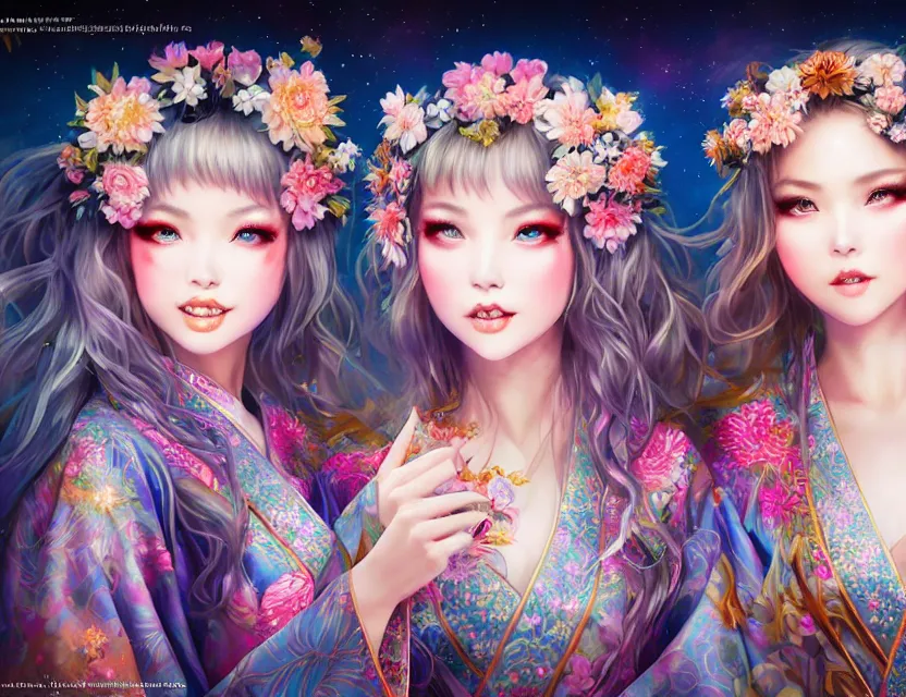 Image similar to two beautiful alluring siberian girls wear fantasy kimono in festival | | sunny night, full moon, dreamlike art, realistic shaded, smile, good looking, hyper details, 4 k realistic, cryengine, realistic shaded lighting poster by artgerm, ross tran, fuji choko, 8 k resolution, trending on artstation, luxury