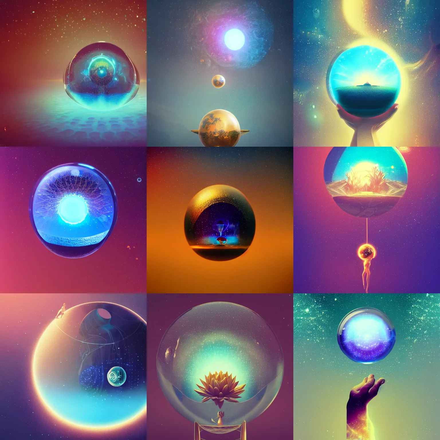 Prompt: Egyptian blue lotus flower galaxy in a glass ball, in style of Beeple, in style of Peter Mohrbacher, dreamlike, texture, concept art, 8k, shadowed, lightrays, atmospheric, octane render, golden hour, muted pastel colors, golden mean