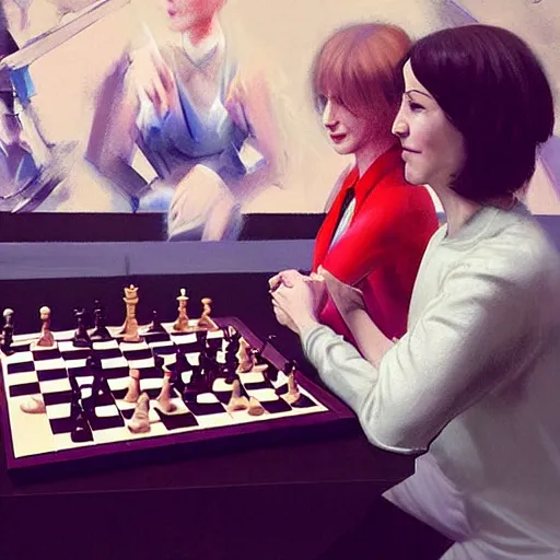 Image similar to 3 0 - year - old actress megan mccarthy playing chess against 3 0 - year - old actress nana visitor at world chess championship 1 9 8 4, digital art by ruan jia and mandy jurgens and artgerm, highly detailed, trending on artstation, award winning