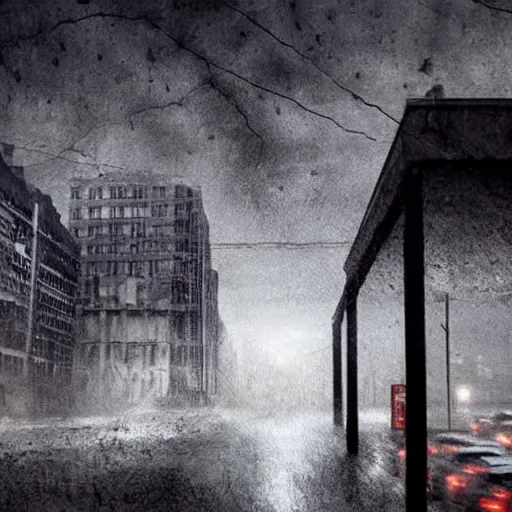 Prompt: street view of an upside-down city, ominous, creepy, eerie, liminal, scary, horror, nightmare::dark, night, dark horror buildings, upside-down, raining heavily, storming, dilapidated