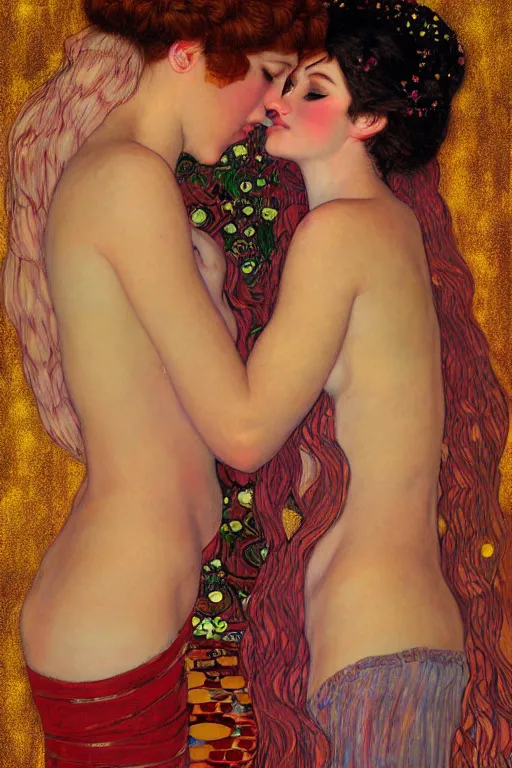 Image similar to two beautiful young goddess, red lighting, kiss, highly detailed, artstation, illustration, art by Gustav Klimt