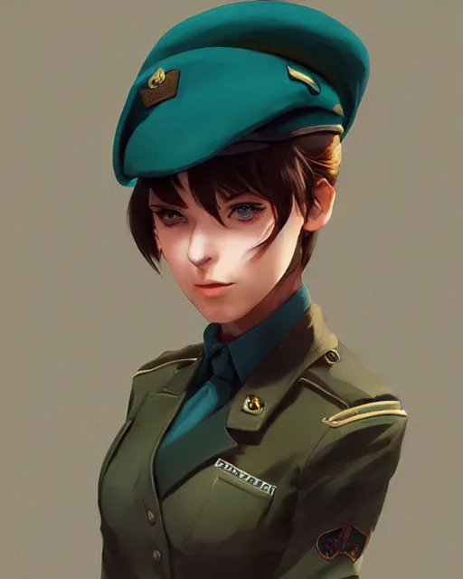 Image similar to young woman with shoulder length light brown hair and hazel eyes dressed in a sharp dark teal military uniform and beret, anime, ilya kuvshinov, greg rutkowski, guweiz, ross tran, loish, svetlana tigai, artgerm, artstation trending, concept art, digital painting