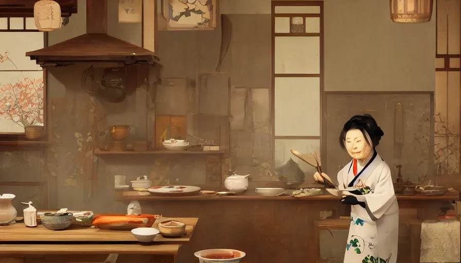 Image similar to old japanese lady cooking in old 1 8 0 0's kitchen, hyperdetailed, artstation, cgsociety, 8 k