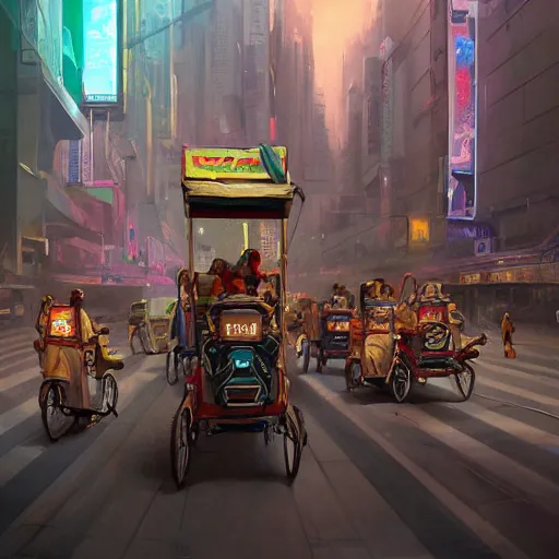 Prompt: rickshaws traffic jam in cyberpunk Egypt, by Peter Mohrbacher, game character art, High Definition, high detail, 8k, Character Design, Character art, Concept art,hyperrealistic , photorealistic , hyperdetailed, athmospheric, dreamy, mystical, cinematic lights, atmospheric, 8Krealistic, wide angle, wide shot, dramatic light, trending on artstation, hyper detailed, CGsociety, hypermaximalist, golden ratio, centered image, environmental key art, octane render, weta digital, ray trace,