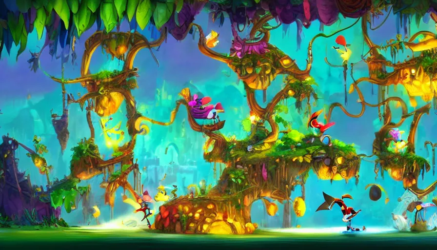 Image similar to backgrounds for animation in the style of rayman game series, background concept art, Rayman Legends, Rayman Origins, lively, joyful, colorful, jungles, cities, highly detailed, intricate, plants, colorful houses