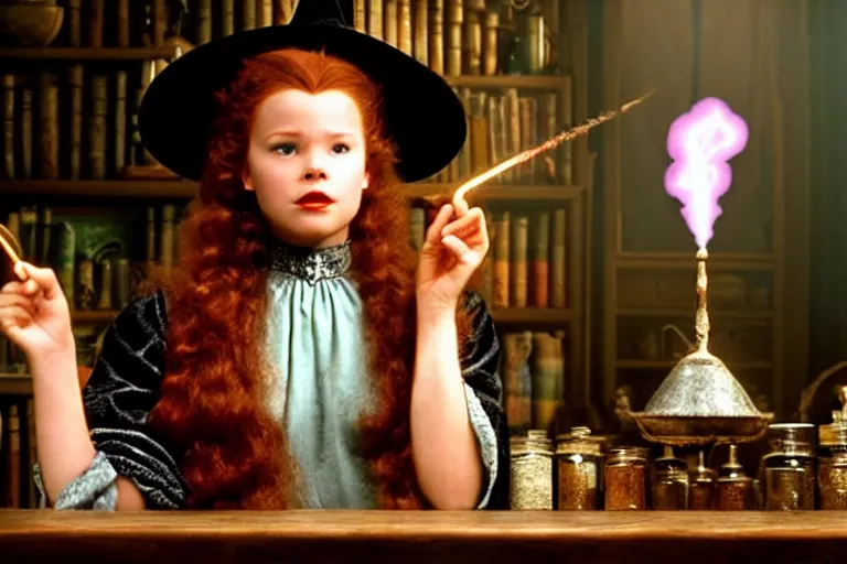 Prompt: close up portrait, dramatic lighting, teen witch calmly pointing a magic wand casting a spell over a large open book on a table with, short hair, cat on the table in front of her, sage smoke, a witch hat cloak, apothecary shelves in the background, still from the wizard of oz