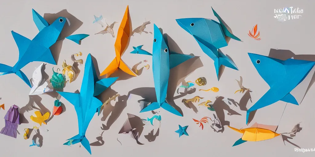 Image similar to paper craft diorama of an underwater party with origami sharks and a mermaid