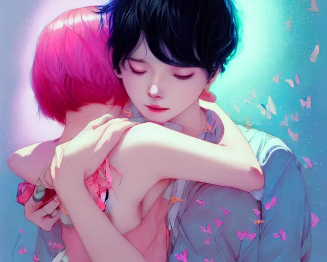 Prompt: harmony of butterfly, mute, neon light language, ( black haired yoongi back hugging pink haired jimin crying ) by wlop, james jean, victo ngai, beautifully lit, muted colors, highly detailed, fantasy art by craig mullins, thomas kinkade