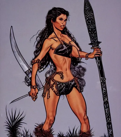 Image similar to 1 9 8 0 s fantasy novel book cover, amazonian nadine velazquez in extremely tight bikini armor wielding a cartoonishly large sword, exaggerated body features, dark and smoky background, low quality print