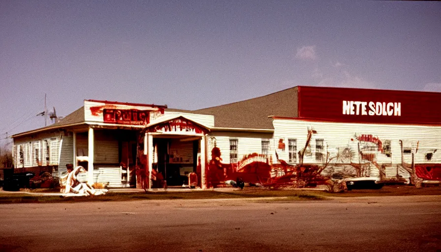 Image similar to 7 0 s film still from a horror movie about americana and the south, kodachrome, cinecolor, cinestill, film grain, film texture, retro, cinematic, high resolution, photorealism,