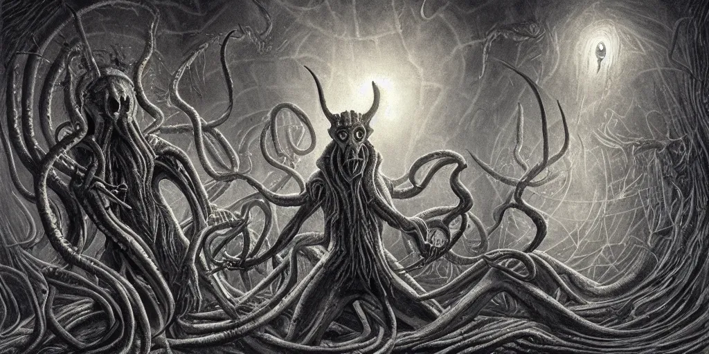 Image similar to elder god nyarlathotep lovecraftian h. p, terror, art by paulc carrick, dave carson, john coulthart, lee brown coye, h. r giger, stephen hickman, 8 k, hd, illumination, lighting, raytracting, dark, lovecraft, arkham, grotesque