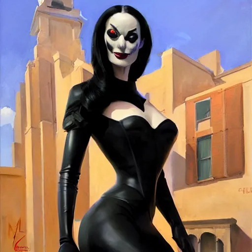 Image similar to greg manchess portrait painting of armored morticia from addams family as overwatch character, medium shot, asymmetrical, profile picture, organic painting, sunny day, matte painting, bold shapes, hard edges, street art, trending on artstation, by huang guangjian and gil elvgren and greg rutkowski