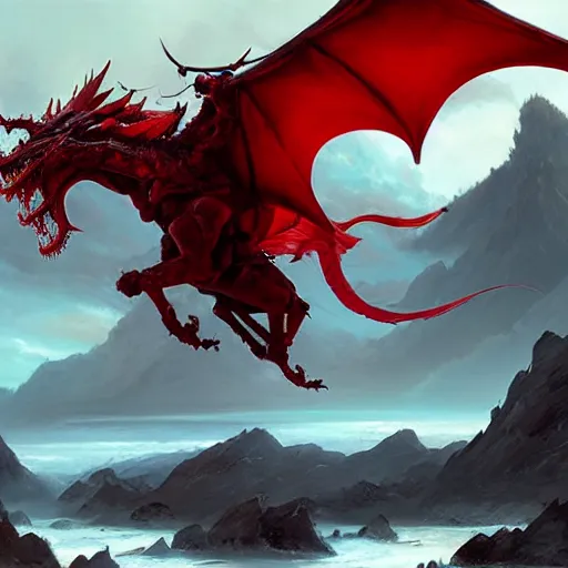 Prompt: A red Wyvern standing with mountains in background, oil painting, detailed, high fantasy, by Ruan Jia and Mandy Jurgens