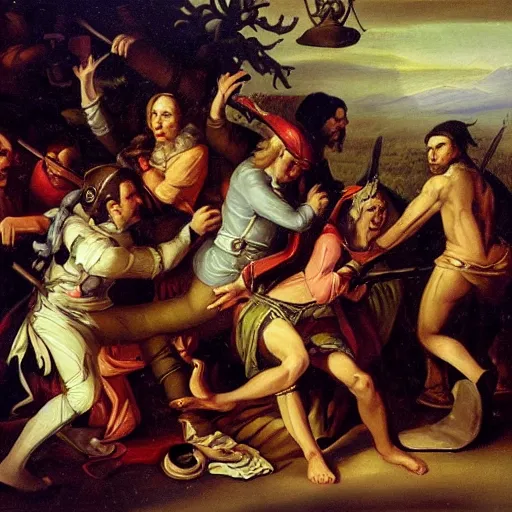 Image similar to baroque oil painting of an elven bar fight