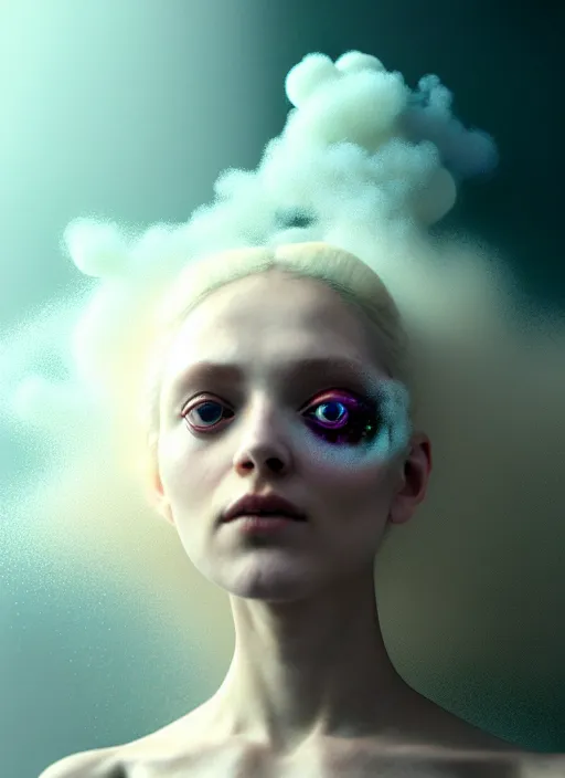 Prompt: cinestill 5 0 d photo of delicate, dreamy, feminine, subsurface scattering, young beautiful bio - mechanical cyborg in cosmos, long white hair floating in air, fluid smoke art, octane render, dino valls, mark ryden, joe fenton, michal karcz, opal lighting, very coherent, hyper realism, 8 k