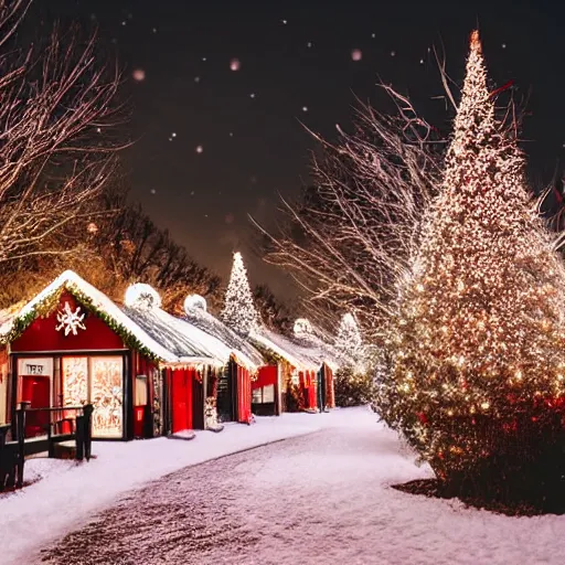 Image similar to Christmas village with snow at night horror atmosphere scary lighting string lights silhouette in the distance photorealistic HDR