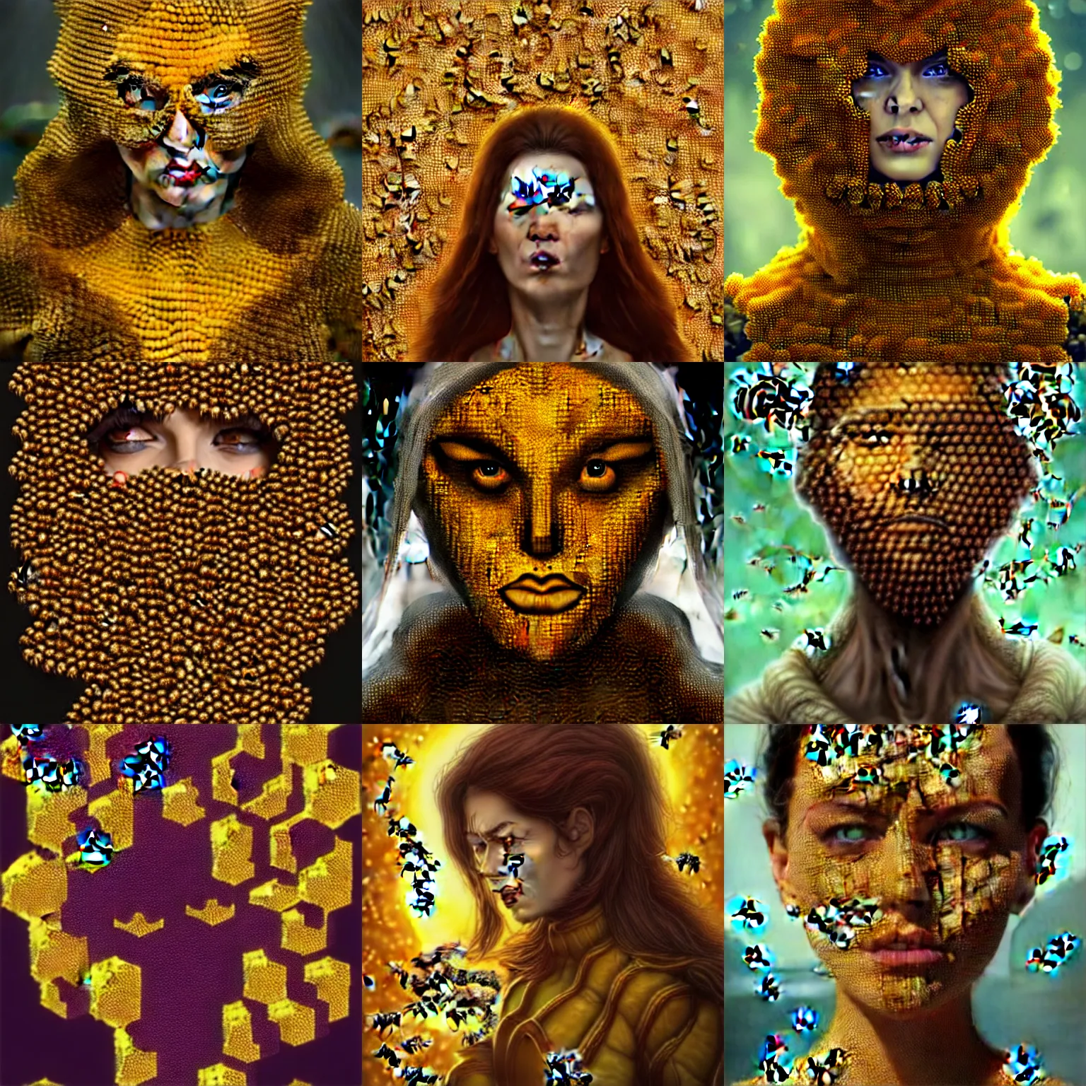 Prompt: The angry, agonizing face of a woman who is a swarm of bees made of bees surrounded by bees🐝🐝🐝 fantasy artwork, very very beautiful, trending on artstation