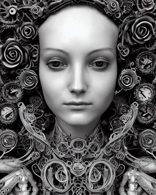 Image similar to mythical dreamy black and white organic bio-mechanical spinal ribbed profile face portrait detail of translucent steampunk beautiful siamese sisters females angelic-human-queen-vegetal-cyborg, highly detailed, intricate trnaslucent ivy jelly ornate, poetic, translucent roses ornate, 3D render, digital art, octane render, 8K artistic photography, photo-realistic, by Dora Maar