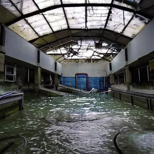 Prompt: an indoors waterpark. creepy, flooded, empty, dark abandoned.