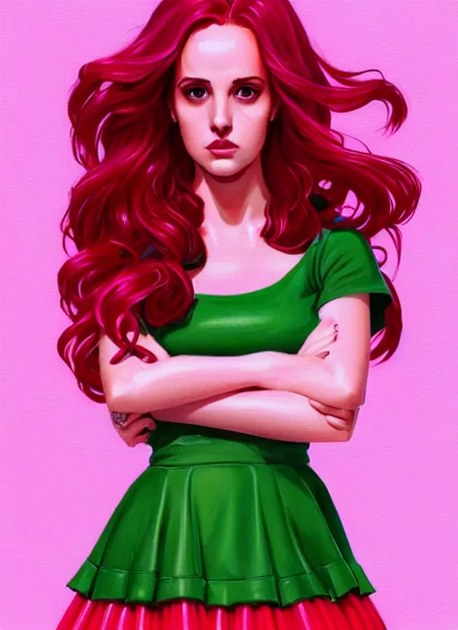 Image similar to full body portrait of teenage cheryl blossom, bangs, green eyes, sultry expression, red hair, sultry smirk, bangs and wavy hair, pink skirt, intricate, elegant, glowing lights, highly detailed, digital painting, artstation, concept art, smooth, sharp focus, illustration, art by wlop, mars ravelo and greg rutkowski