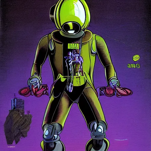 Prompt: human in suit with conic helmet and jetpacks attached to arms and legs, against dark background, fluid, smooth, organic, crazy, high contrast, sharpness, dramatic, by siudmak and richard corben and moebius