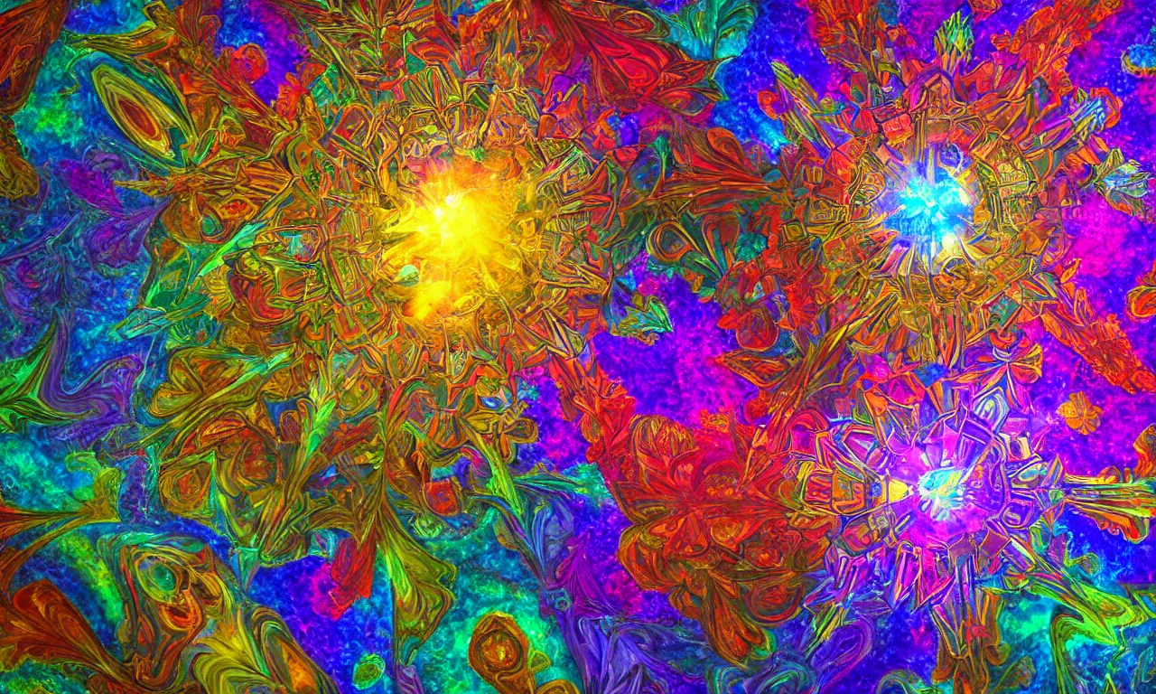 Image similar to acrylics blob voronoi engine laboratory 3 d volume kaleidoscope mandala fractal chakra digital multicolor stylized concept substance liquid nebula stone, a spectacular view cinematic rays of sunlight comic book illustration, by john kirby radiating a glowing aura global illumination ray tracing hdr depth fog overlay multiply photoshop layer