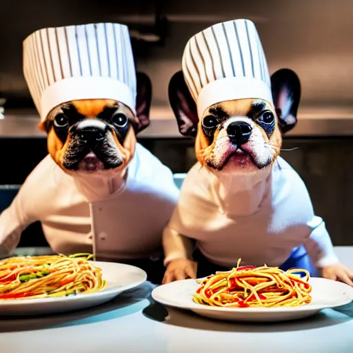 Image similar to a 8k highly detailed still photo by David Bailey of Two multi-colored French Bulldogs in chef hats and aprons starring on a cooking show, a plate of spaghetti is prepared, a high end restaurant kitchen in the background, bokeh