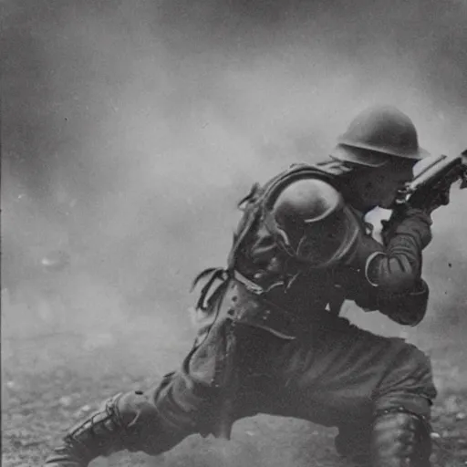 Image similar to old black and white photo, 1 9 1 3, depicting bruce willis in combat armor with guns, historical record, volumetric fog