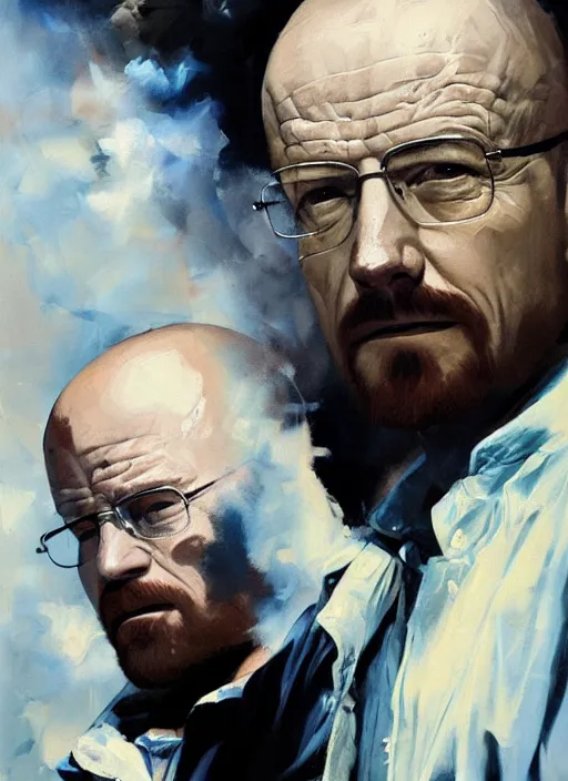 Image similar to walter white and jesse pinkman cooking meth, smoke, painting by phil hale, fransico goya,'action lines '!!!, graphic style, visible brushstrokes, motion blur, blurry, visible paint texture, crisp hd image