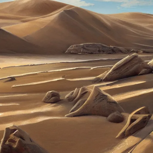 Prompt: painting of a sand landscape, futuristic, wreckage of ten giant, humanoid robots, oasis, 4 k