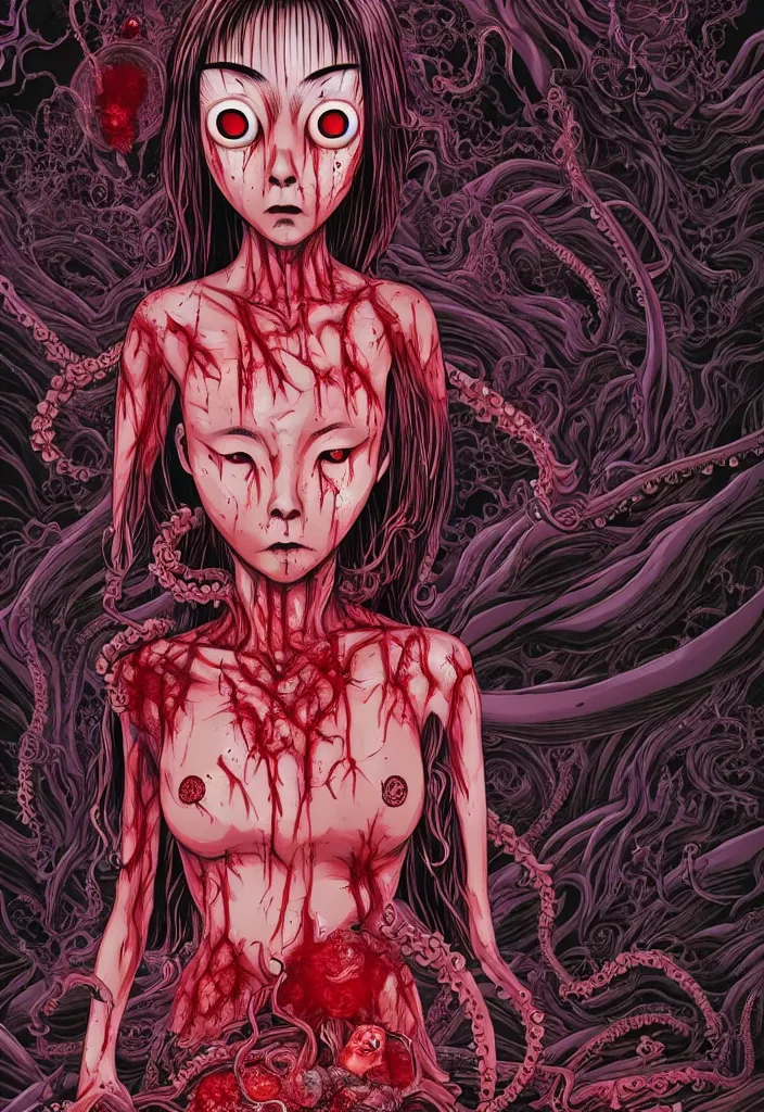 Prompt: a comic book style japanese horror bloody girl with large eyes standing infront of a shrine by dan mumford, yusuke murata and junji ito, blood lines, yokai, shinigami, tentacles, smoke, eyes, shurikens, kanji, 8k, unreal engine, trending on artstation, pixiv, intricate details, volumetric lighting