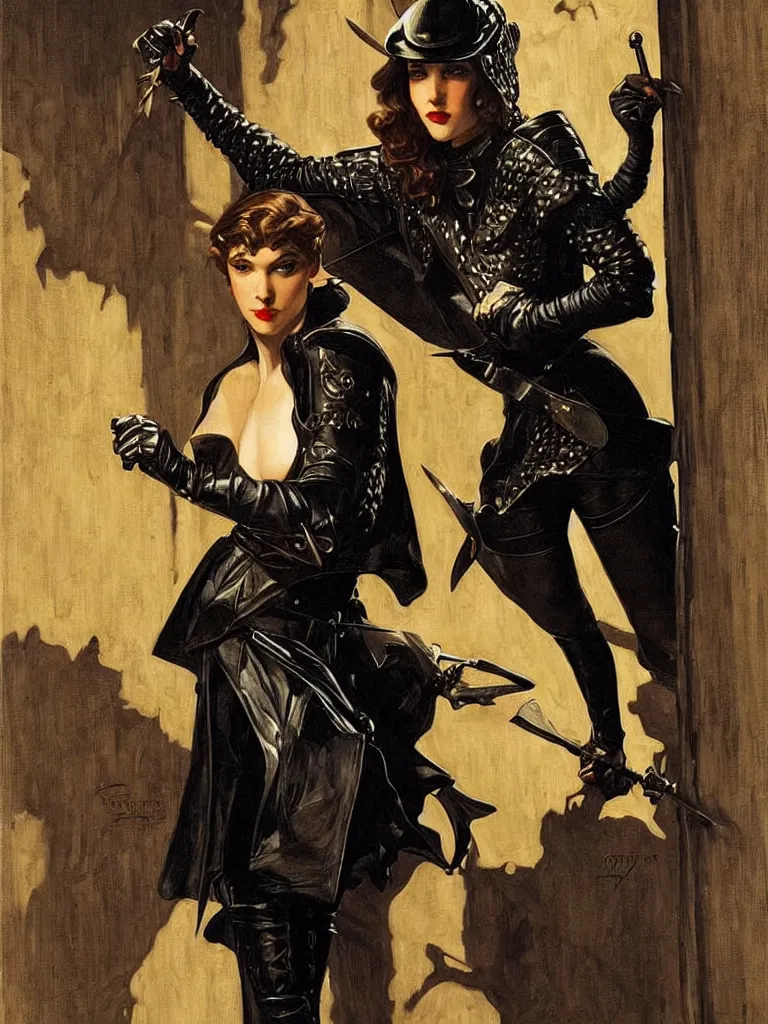 Prompt: portrait of a young woman as a thief wearing black leather armor and wielding a dagger in a dark alleyway, fantasy, intricate, elegant, art by j. c. leyendecker