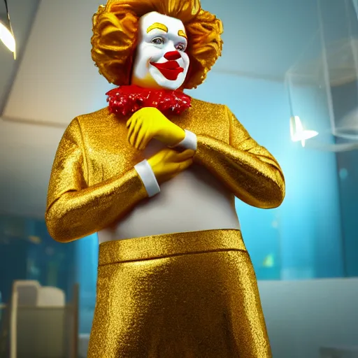 Image similar to A still of Ronald McDonald surrounded by gold and diamonds, Award-winning, photograph, 3d render, unreal engine, 4k detailed