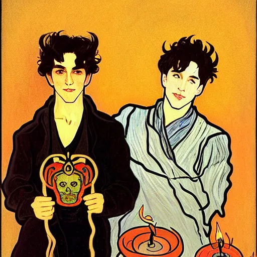 Image similar to painting of young cute handsome beautiful dark medium wavy hair man in his 2 0 s named shadow taehyung and cute handsome beautiful min - jun together at the halloween party, bubbling cauldron, candles, smoke, tarot, autumn colors, elegant, stylized, soft facial features, delicate facial features, art by alphonse mucha, vincent van gogh, egon schiele