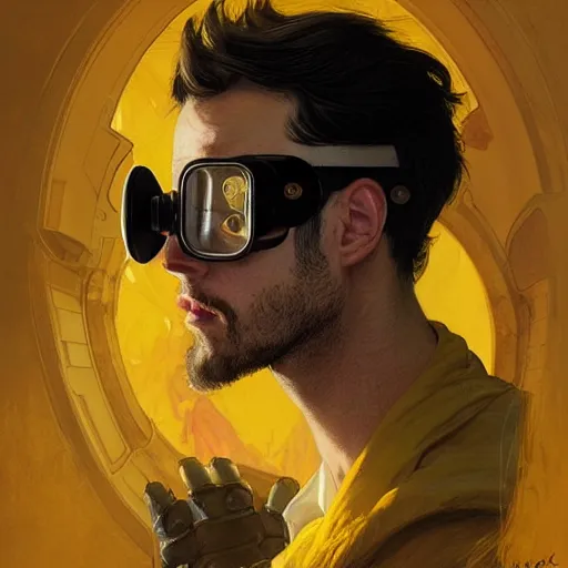 Prompt: an inventor, goggles, thin beard, messy black hair, d & d, yellow background, fantasy, intricate, cinematic lighting, highly detailed, digital painting, artstation, concept art, smooth, sharp focus, illustration, art by artgerm and greg rutkowski and alphonse mucha