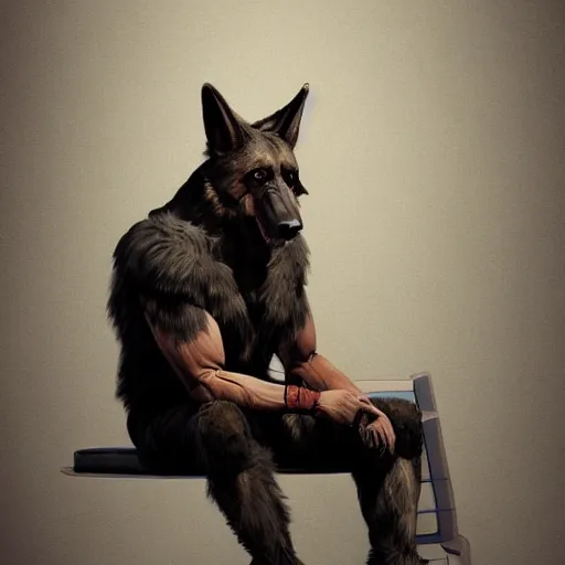 Image similar to a humanoid german shepherd beast - man, sitting on a couch and puts on jeans, artstation, concept art, smooth, sharp foccus ilustration, artstation