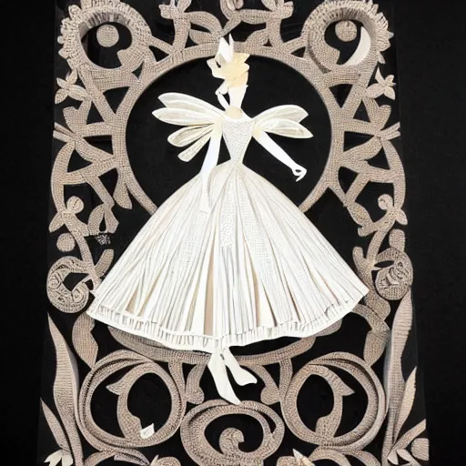 Prompt: cut paper sculpture of cinderella in her ball gown