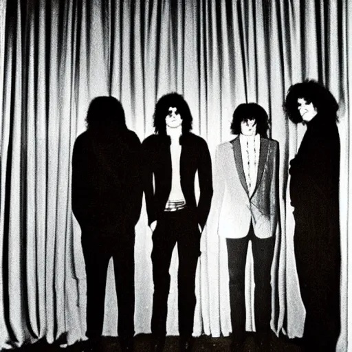 Prompt: four men standing next to each other in a dark room, an album cover by Syd Barrett, pinterest, mannerism, antichrist, top lighting, 1970s