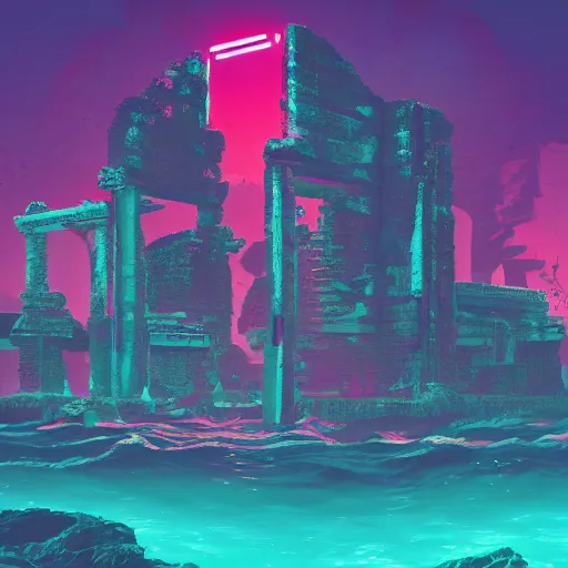 Image similar to neon ancient ruins in the sea, retrowave art,digital art,trending on art station