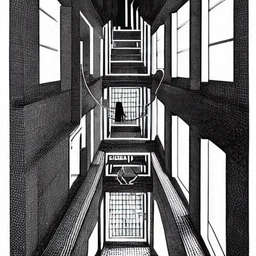 Image similar to a giant spider in a huge bright maze of many doorways and lots of stairs, many doorways, inside MC Escher architecture, artstation, Junji Ito, epic composition